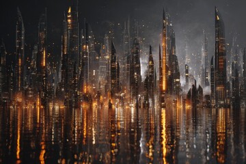 Fototapeta premium Futuristic urban skyline of a cyberpunk city reflected on water with glowing lights and towering structures