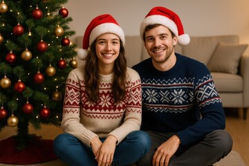 Fototapeta premium Festive Couple Smiling in Santa Hats Beside Christmas Tree Celebrating Holiday Season in Cozy Home