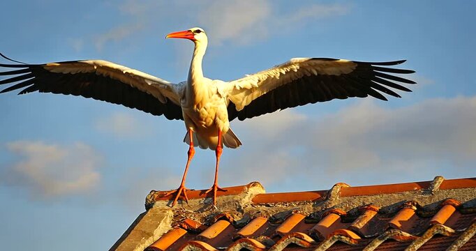 A majestic stork spreads its wings on a rooftop against a clear blue sky at sunset