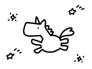 手描きのかわいい走るユニコーンと流れ星のラインアート　2026 正月素材
