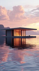 Modern Floating House with Large Glass Windows Reflecting Sunset Over Calm Water