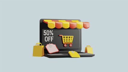 Fototapeta premium A laptop screen displaying a online store with fifty percent off and shopping bags around it