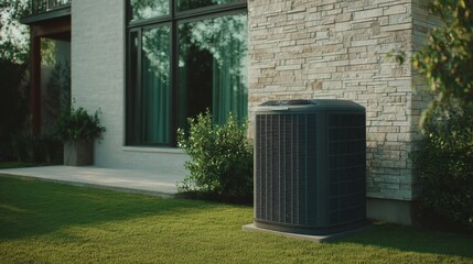 Fototapeta premium Residential HVAC Condenser Unit Installed Outside a Modern Home on a Green Lawn for Climate Control