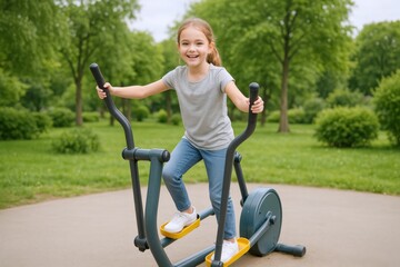 Obraz premium Smiling Girl Enjoying Outdoor Fitness Equipment in a Park on a Sunny Day for Health and Wellness