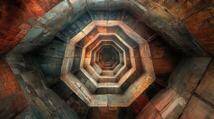 Vertical View of Brick Spiral Staircase with Geometric Design in Old Building