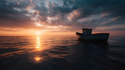 Naklejka premium Fishing boat at sunset on the open ocean
