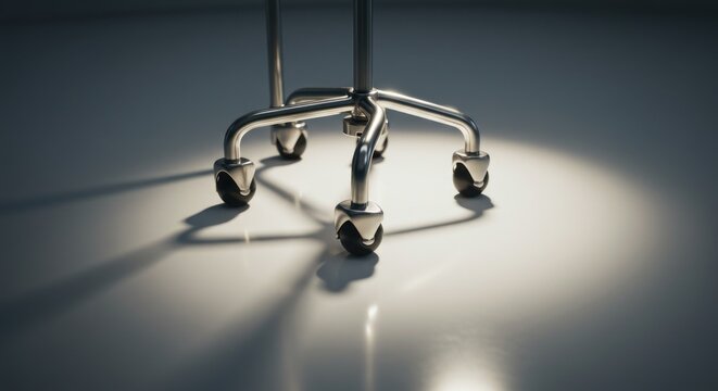 Chrome chair base on white floor casting artistic shadows a minimalist design piece - Powered by Adobe