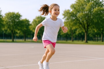 Obraz premium Joyful Little Girl Running Outdoors on a Sunny Day Demonstrating Childhood Health and Fitness