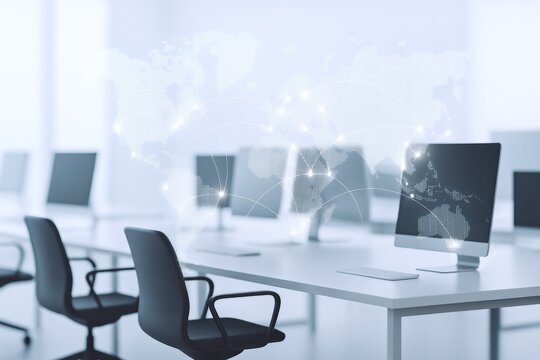 Modern Open Office Space with World Map Overlay, Computer Screens, and Ergonomic Chairs in Corporate Style