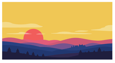 Landscape with mountain layers, a sun and trees in silhouette.