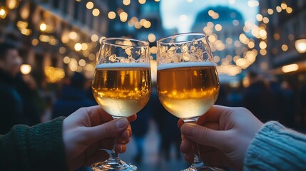 Two People Clinking Glasses of White Wine in Outdoor City Street at Evening with Bokeh Lights