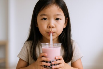 Adorable Asian Girl Enjoying Refreshing Bubble Tea: Childhood Joy and Beverage Delight