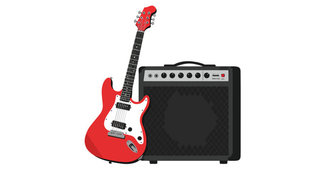 Red electric guitar leaning on black amplifier