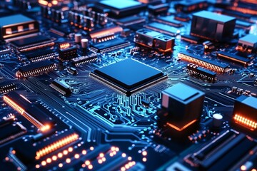 Fototapeta premium Detailed close-up of a circuit board with a central processor chip