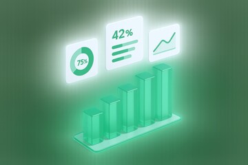 Isometric Data Chart with Analytics Dashboard Displaying Growth, Progress and Metrics on Black Background