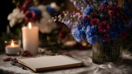 Memorial guestbook and condolence cards with gentle tribute lighting