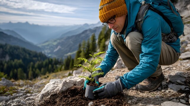 Freiwilliger pflanzt Baumsetzling in den Alpen als Beitrag zum Umweltschutz
