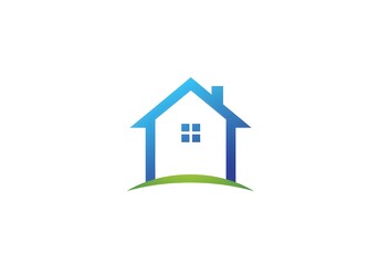 A simple house logo with a blue gradient and green grass isolated on a white background design graphic