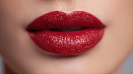 Close-up of a Woman's Lips Painted with Vibrant Red Lipstick, Showing Beautiful Texture and Definition
