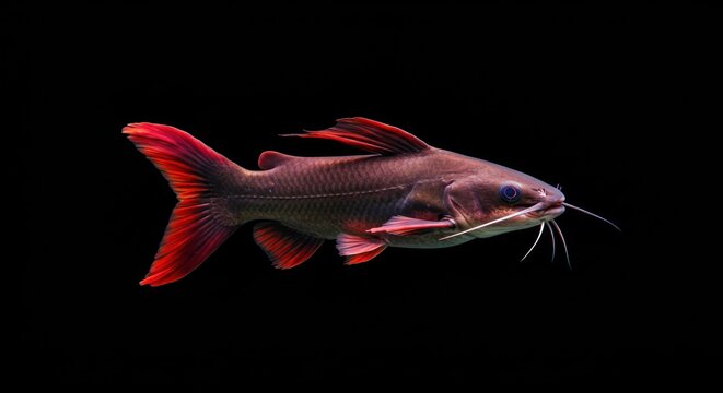 Mysterious redtail catfish showcased in a strikingly minimalist black background aquascape