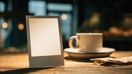 Coffee Cup and Blank Frame on Tabletop: Customizable Template for Cafe Promotions and Menu Displays