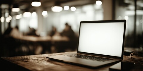 Laptop with Blank Screen on Wooden Desk in Office for Mockup and Presentation