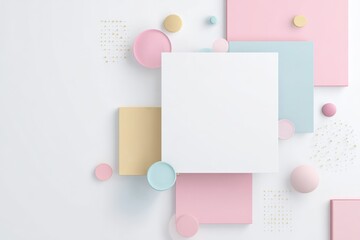 Abstract Pastel Geometric Composition: 3D Rendered Squares, Circles, and Spheres on White Background for Creative Design