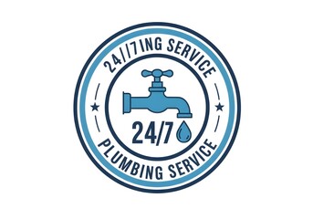 A circular logo for a plumbing service featuring a faucet and the text twenty four seven service