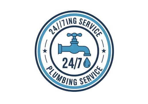 A circular logo for a plumbing service featuring a faucet and the text twenty four seven service - Powered by Adobe