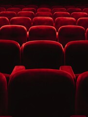 Obraz premium Rows of empty plush red velvet seating fill a darkened theater creating pattern