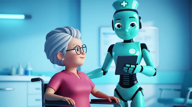 Animated robot helping elderly patient with futuristic healthcare tablet