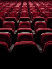 Fototapeta premium Rows of empty red theater seats recede into dark shadows providing a captivating perspective