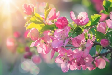 Beautiful pink blossoms on a flowering tree branch illuminated by sunlight, creating a vibrant and serene atmosphere in a natural garden setting with soft bokeh background