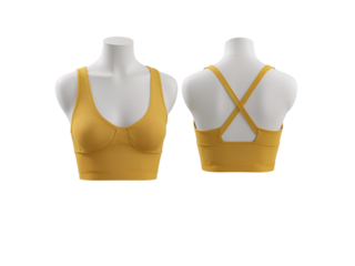 Front and back perspectives of a yellow sports bra on a mannequin torso isolated studio shot