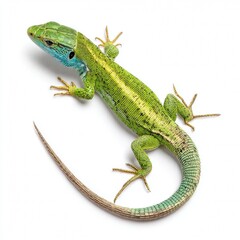 Fototapeta premium A detailed top-down view of a vibrant green lizard with a long tail, showcasing its unique scales and texture. The lizard's vibrant green and blue colors stand out.