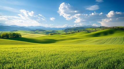 Fototapeta premium Lush green fields roll into a valley under a bright sky