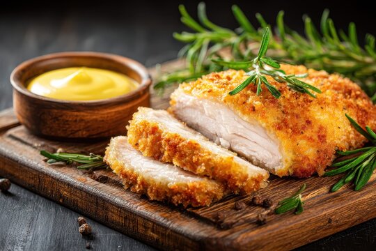 Delicious chicken cordon bleu served on a wooden board garnished with fresh herbs and accompanied by a creamy mustard sauce