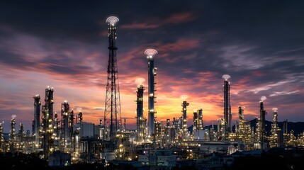Fototapeta premium Industrial complex with illuminated structures and smokestacks against a colorful sunset sky.