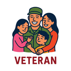 Happy Veteran with Family Cartoon Illustration

