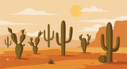 Desert landscape with cacti, mountains, sun, & clouds in tan, orange, green tones
