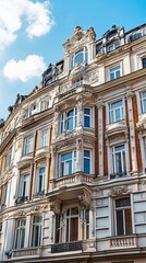 Obraz premium Ornate, historic building facade with detailed carvings and arched windows