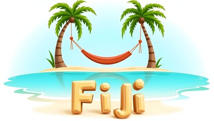 3D illustration of a pristine Fiji beach with clear turquoise waters, white sand, and palm trees, featuring a hammock under the shade. The word 'Fiji' in 3D letters below. 2