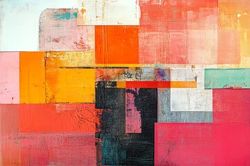 Abstract Colorful Geometric Painting with Bright Reds Oranges and Blues for Artistic Decor