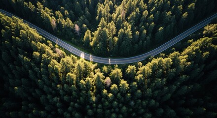 Vector art of aerial view of a winding road through a dense green forest, capturing the beauty of nature and the tranquility of a scenic countryside drive