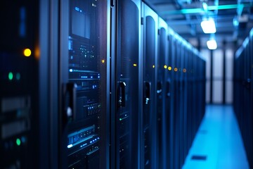 Server racks in a dark, illuminated data center