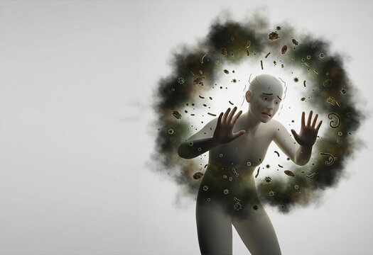 Mysophobia concept image, 3d render, no text. Fear of germs, dirt, or contamination. Awareness campaign, precautions, medication, treatment. Psychology psychiatrist poster for media, web.