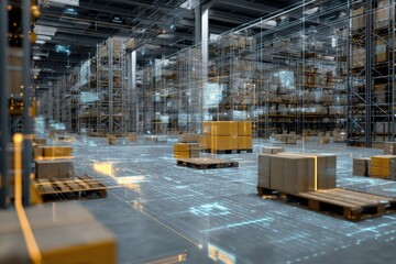 Futuristic warehouse features digital interface showcasing innovative storage solutions and automated inventory management in a high-tech environment