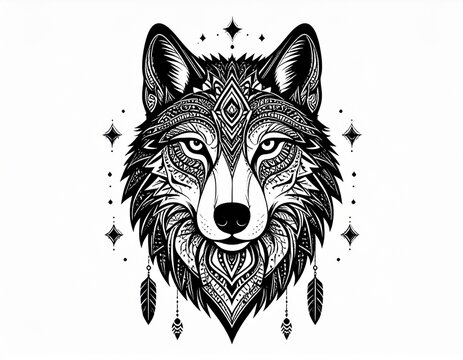 Celestial Wolf Spirit: Ornate Black and White Tribal Illustration with Feathers.