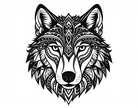 Ornate Spirit Wolf: A Symmetrical Black and White Tribal Tattoo Design.