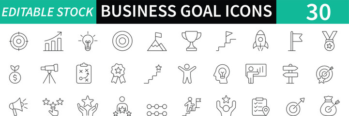 Collection of business success linear icons. Includes target, process, strategy, human resource, action plan, achievement, and more. Editable stroke vector illustrations.